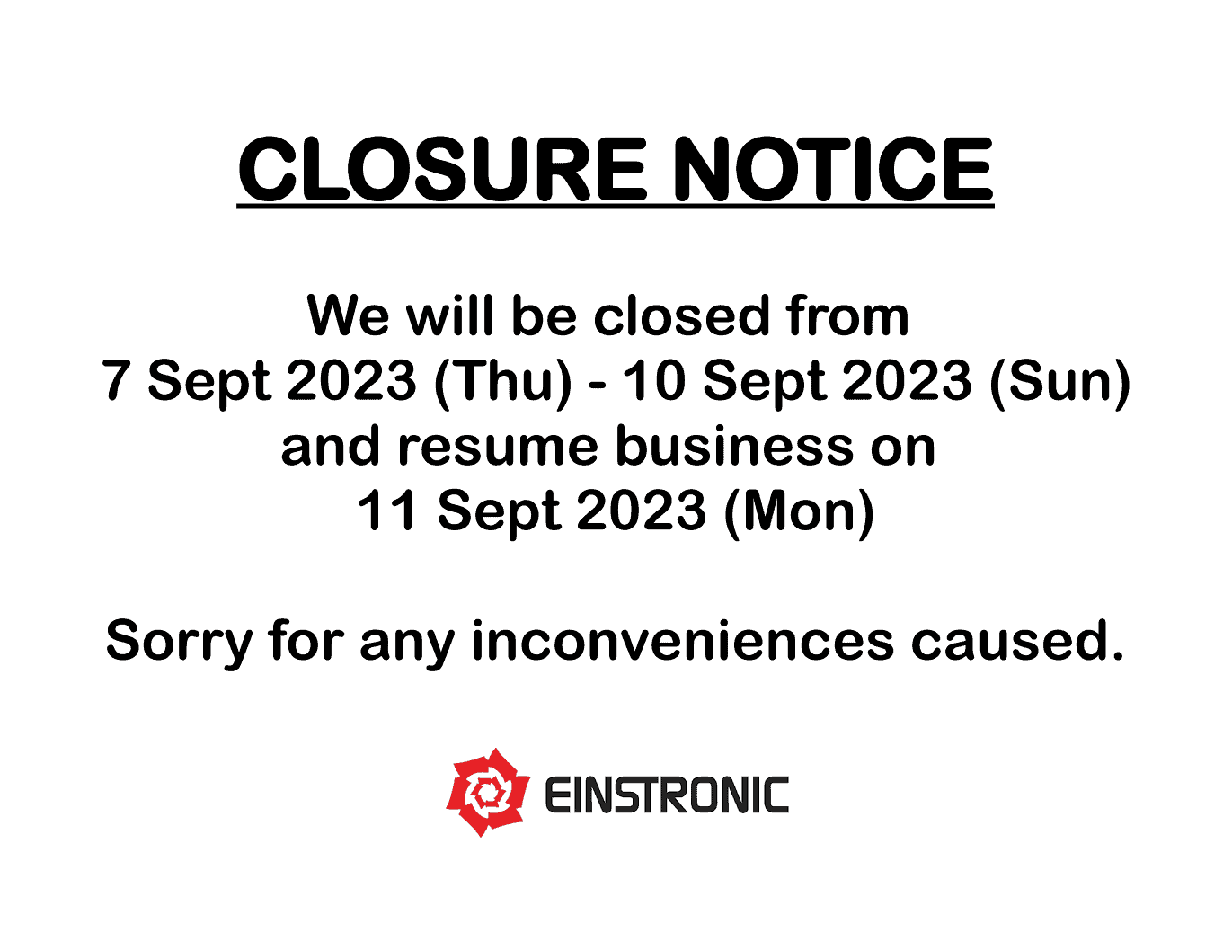 Closure Notice (September 7 – September 10)